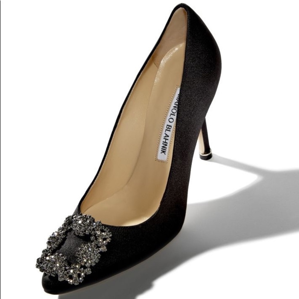 MANOLO BLAHNIK Bejeweled Blk Satin Stiletto Pumps